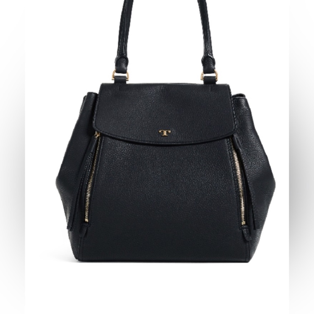 Tory Burch Half-Moon Leather Satchel Tote Purse Handbag Black Leather